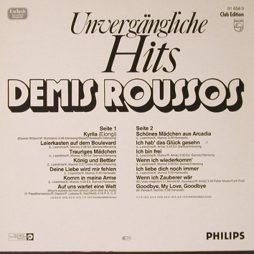 Roussos,Demis: Unvergängliche Hits, Club-Ed., Philips(91 656 9), D,  - LP - F1720 - 5,00 Euro