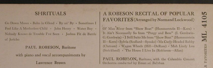 Robeson,Paul: Spirituals,vg+/vg+, toc, Columbia(ML 4105), US,  - LP - F7160 - 4,00 Euro