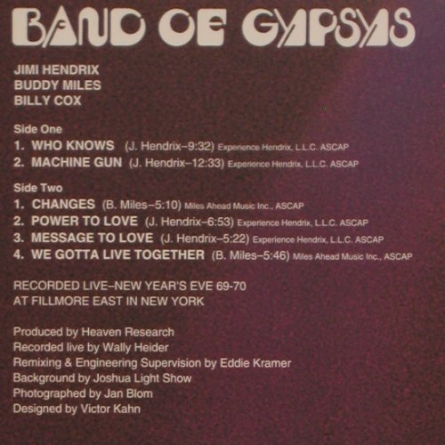 Hendrix,Jimi: Band Of Gypsys (1970), Foc, 180g, MCA (like new) (MCA-11607), US, 1991 Typ: LP Best.-Nr.: V3631 Preis: 30,00 Euro