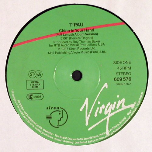 T'Pau: China In Your Hand (5:06)*2+1, Virgin (609576-213), D, 1987 Typ: 12" Best.-Nr.: V7380 Preis: 3,00 Euro.