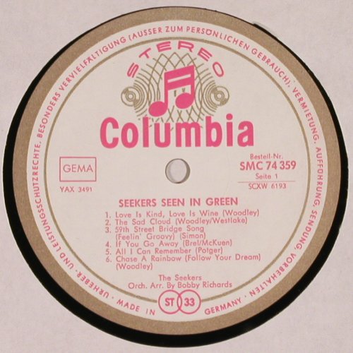 Seekers: Seen In Green, Columbia (SMC 74 359), D, 1967 Typ: LP Best.-Nr.: V780 Preis: 12,50 Euro