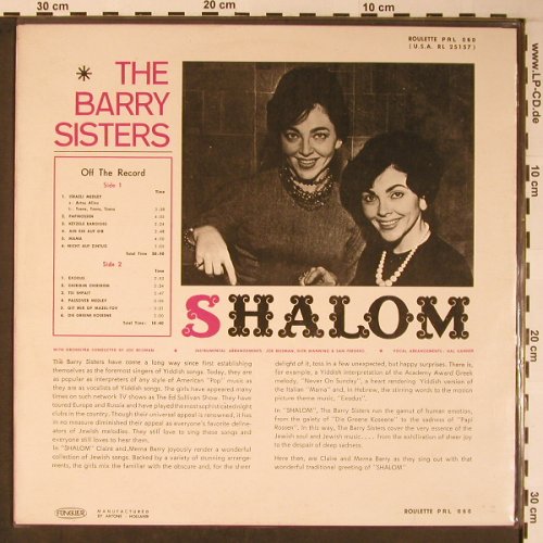 Barry Sisters: Shalom - ONLY COVER, Roulette(PRL 060), NL,  - Cover - X5978 - 4,00 Euro