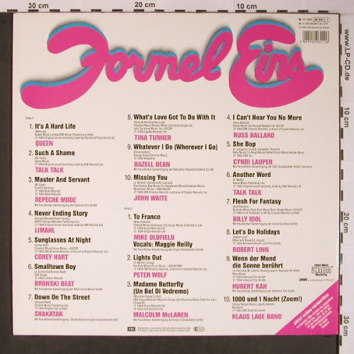 V.A.Formel Eins: Queen...Klaus Lage Band, 20 Tr., EMI (26 0311 1), D, 1984 Typ: LP Best.-Nr.: X6096 Preis: 4,00 Euro