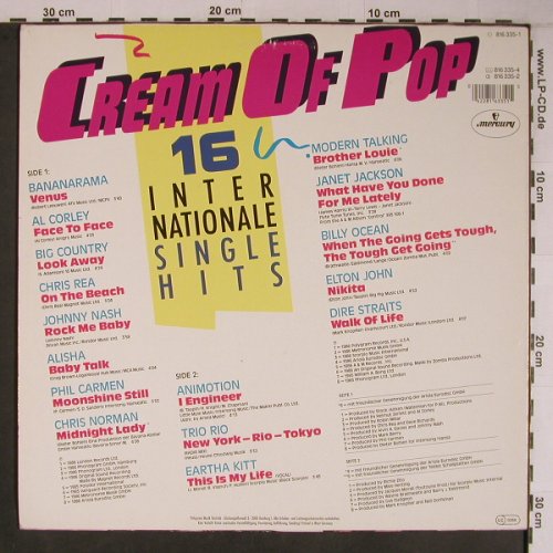 V.A.Cream of Pop: 16 Internationale Single Hits, Mercury (816 335-1), D, 1986 Typ: LP Best.-Nr.: X6734 Preis: 5,00 Euro