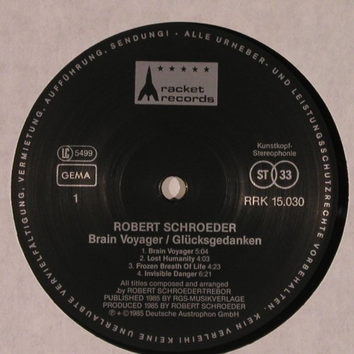 Schröder,Robert: Brain Voyager, No Cover, Kunstkopf, Racket (RRK 15.030), D, 1985 Typ: LP Best.-Nr.: X8208 Preis: 7,50 Euro