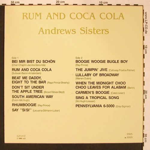 Andrews Sisters: Rum And Coca Cola, All Round Trading (31025), DK,vg+/m-, 1985 Typ: LP Best.-Nr.: X8780 Preis: 5,00 Euro