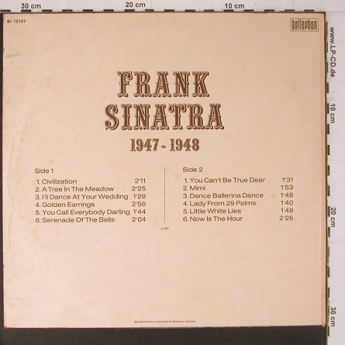 Sinatra,Frank: 1947-1948, m-/vg+, Bellaphon (BI 15137), D, Mono, 1975 Typ: LP Best.-Nr.: Y1586 Preis: 5,00 Euro