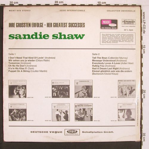 Shaw,Sandie: Ihre größten Erfolge,her gr.Succes., ModeSerie (MDINT 9616), D,m-/vg+ Typ: LP Best.-Nr.: Y2094 Preis: 6,00 Euro