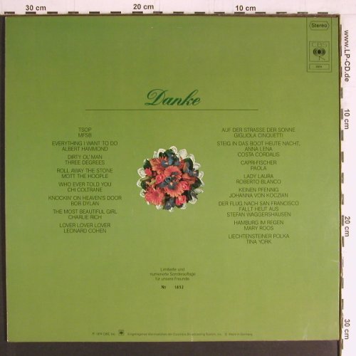 V.A.Danke 1974: MFSB, Dylan... Tina York, 16 Tr. CBS, LimEd.No.1852 (1974), D, 1974 Typ: LP Best.-Nr.: Y2902 Preis: 7,50 Euro