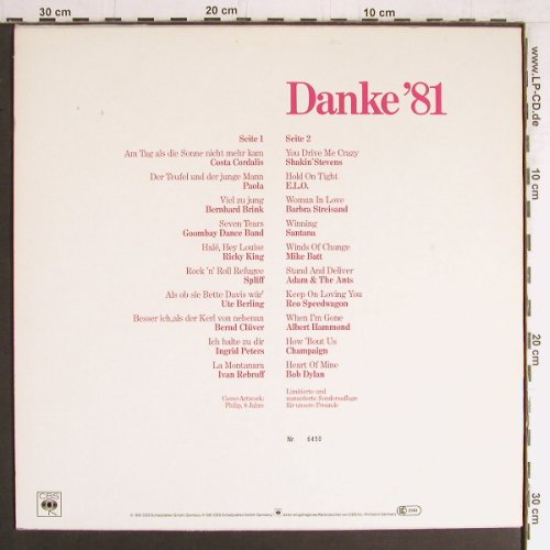 V.A.Danke'81: Costa Cordalis...Bob Dylan,Lim.Ed., CBS No.6450 (CBS 1981), D,Promo, 1981 Typ: LP Best.-Nr.: Y3410 Preis: 6,00 Euro