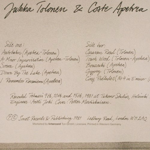 Tolonen,Jukka & Coste Apetrea: Touch Wood, Sonet(INT 147.128), D, 1981 - LP - Y4958 - 7,50 Euro