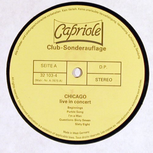 Chicago: Live In Concert(1969), Ri, Capriole, Club-Ed.(32 103-4), D, m-/vg+, 1983 - LP - Y5286 - 6,00 Euro