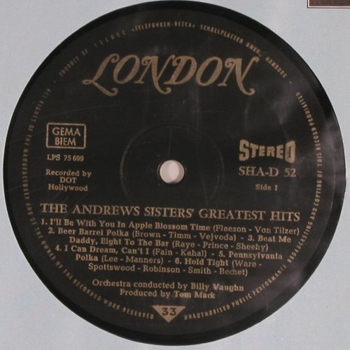 Andrews Sisters: Greatest Hits, London (SHA-D 52), D Typ: LP Best.-Nr.: Y5649 Preis: 9,00 Euro