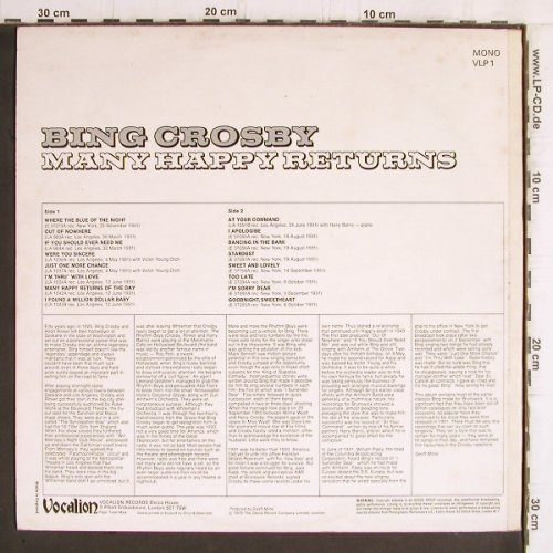 Crosby,Bing: Many Happy Returns, (1931) Mono, Vocalion(VLP1), UK, 1975 - LP - Y6170 - 7,50 Euro