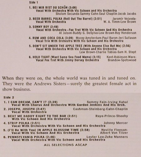 Andrews Sisters: Greatest Hits, Coral (52.019), D, 1971 Typ: LP Best.-Nr.: Y8334 Preis: 5,00 Euro