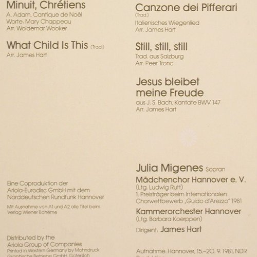 Migenes,Julia: Festliches Weihnachtskonzert, Ariola/Hör-Zu (203 708-366), D, 1981 Typ: LP Best.-Nr.: Y9741 Preis: 7,50 Euro