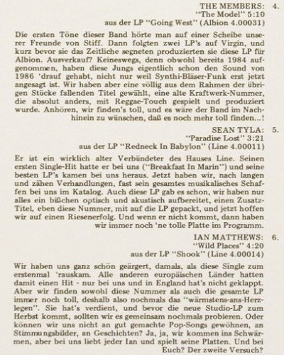 V.A.Line - der Sampler:  1 - 12 Tr., FS-New, sealed, LINE (LILP 4.00201), D, 1986 Typ: LP Best.-Nr.: Y982 Preis: 7,50 Euro.