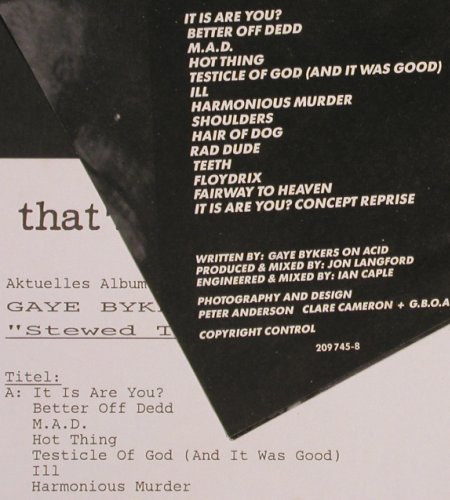 Gay Bikers On Acid: Stewed to the gills..., Facts, Virgin (209 745-630), D, 1988 Typ: LP Best.-Nr.: V2405 Preis: 9,00 Euro