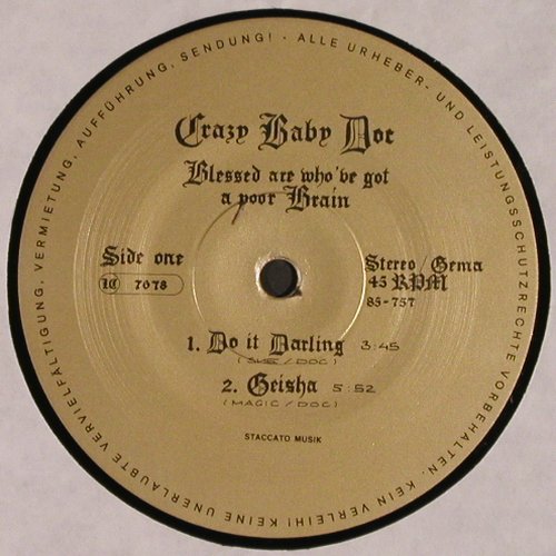 Crazy Baby Doc: Blessed Are Who've Got A Poor Brain, Staccato Music,5Tr. (85-757), D, vg+/m-, 1987 Typ: 12" Best.-Nr.: V2974 Preis: 5,00 Euro