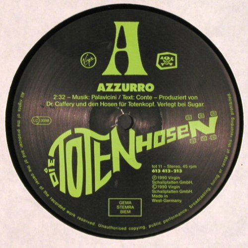 Toten Hosen: Azzuro/Herzlichen Glückw.+2,vg-/vg+, Virgin, spielt gut (613 413-213), D, 1990 Typ: 12" Best.-Nr.: V3673 Preis: 9,00 Euro