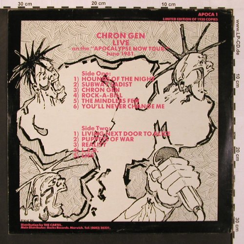 Chron Gen: Live On Apocalypse Now Tour 81, Chaos Lim.Ed.of 1920 (APOCA 1), UK, 1983 Typ: LP Best.-Nr.: X9130 Preis: 37,50 Euro