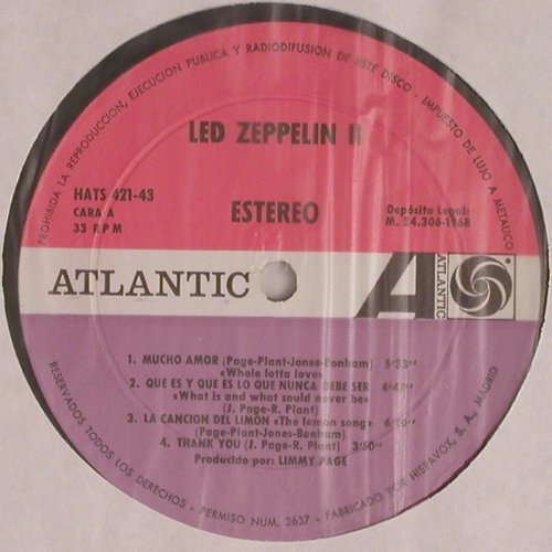 Led Zeppelin: II, Atlantic (HAT 421-43), E (Spain), 1969 Typ: LP Best.-Nr.: V1893 Preis: 40,00 Euro