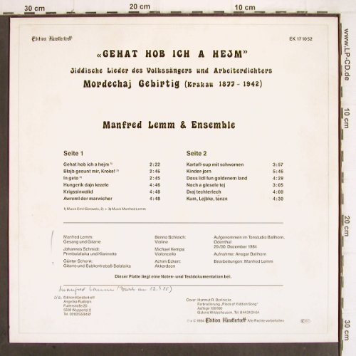 Lemm,Manfred & Ensemble: Gehat Hob Ich A Heijm, Booklet, Edition Künstlertreff(EK 17 10 52), D, sign., 1984 - LP - V120 - 9,00 Euro