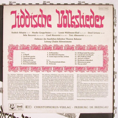V.A.Jiddische Volkslieder: Ruchele Schapira,Nuscha Grupp-Stoia, Christophorus (SCGLPX 73 934), D,Booklet Typ: LP Best.-Nr.: V3083 Preis: 9,00 Euro