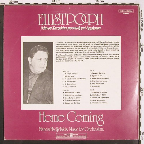 Hadjidakis,Manos: Home Comming, Epistofi, m-/vg+, EMI Columbia (14C 062-70236), GR, 1974 Typ: LP Best.-Nr.: V3285 Preis: 7,50 Euro