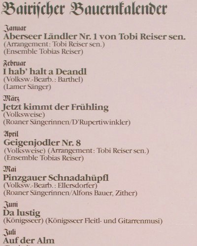 V.A.Bairischer Bauernkalender: Tobias Reiser...Lamer Sänger, Foc, Zettler / Teldec (66.22 420), D Typ: LP Best.-Nr.: Y6516 Preis: 9,00 Euro