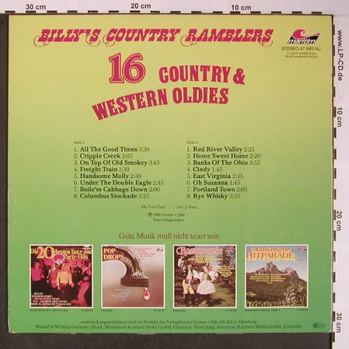 Billy' Country Ramblers: 16 Cpountry & Western Oldies, Maritim(47 640 NU), D, 1980 - LP - X5884 - 5,50 Euro