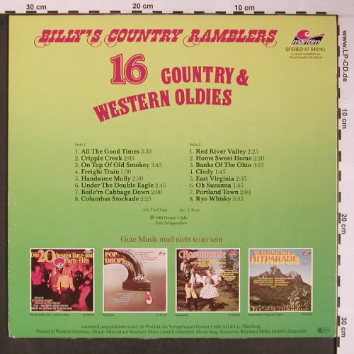 Billy' Country Ramblers: 16 Cpountry & Western Oldies, Maritim (47 640 NU), D, 1980 Typ: LP Best.-Nr.: X5884 Preis: 5,50 Euro