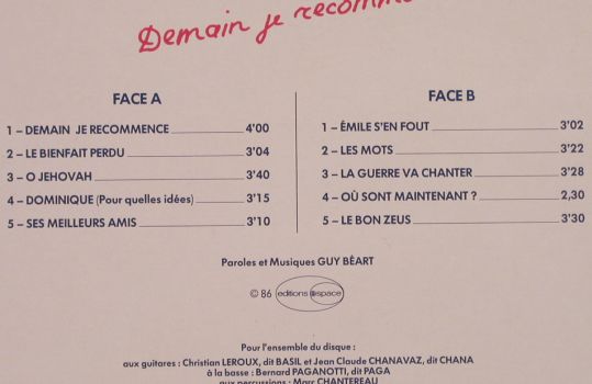 Guy Beart: Demain je recommence, Disques Temporel(TEM GB 00037), F, 1986 - LP - H9810 - 7,50 Euro