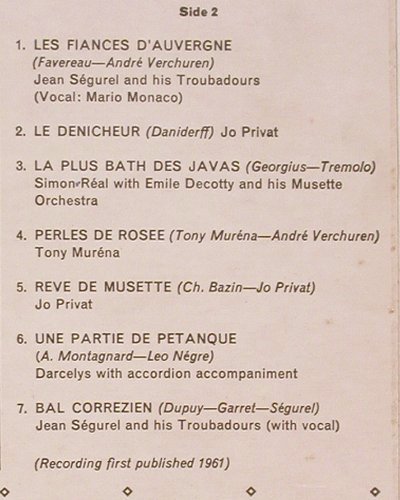 V.A.Musette Panorama: Emile Prud'homme... Jean Segurel, Parlophone(PMC 1167), UK, Mono, 1961 - LP - V360 - 9,00 Euro