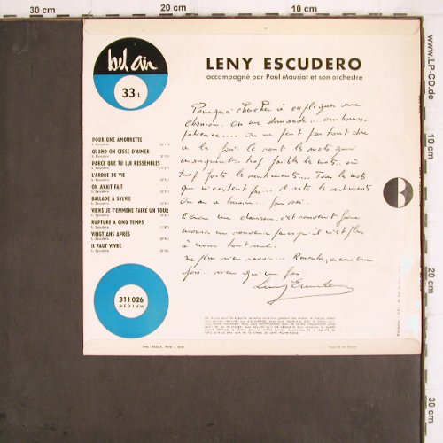 Escudero,Leny: Same (Pour une Amourette), Bel Air (311 026), F, 1962 Typ: 10" Best.-Nr.: V529 Preis: 9,00 Euro