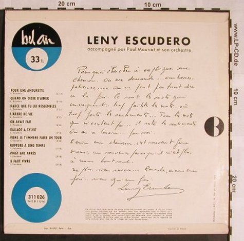 Escudero,Leny: Same(Pour une Amourette), Bel Air(311 026), F,  - 10inch - X1419 - 12,50 Euro