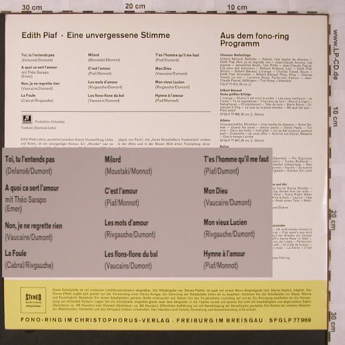 Piaf,Edith: Eine unvergessene Stimme, Fono-Ring(SFGLP 77 969), D,  - LP - X2714 - 6,00 Euro