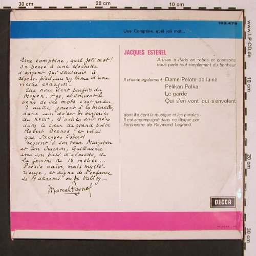 Esterel,Jacques: Qui s'en vont..Qui s'envolent..., Decca (193.478), F,vg+/vg+, 1969 Typ: LP Best.-Nr.: X8856 Preis: 7,50 Euro