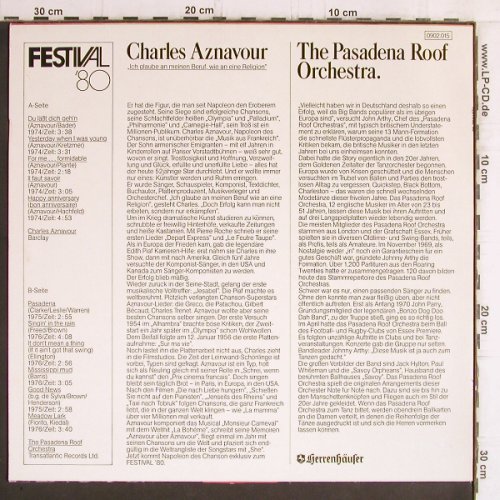 Aznavour,Charles/Pasaena Roof Orch.: Festival'80 "Herrenhäuser", Metronome Sonderauflage (0902.015), D Typ: LP Best.-Nr.: Y6309 Preis: 5,00 Euro