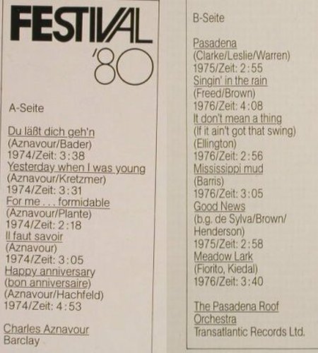 Aznavour,Charles/Pasaena Roof Orch.: Festival'80 "Herrenhäuser", Metronome Sonderauflage (0902.015), D Typ: LP Best.-Nr.: Y6309 Preis: 5,00 Euro
