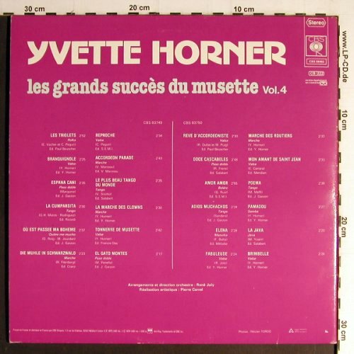 Horner,Yvette: Les grands succes du musette,Vol.4, CBS (88 462), F,Foc,woc, 1979 Typ: 2LP Best.-Nr.: Y7031 Preis: 7,50 Euro