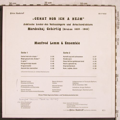 Lemm,Manfred & Ensemble: Gehat Hob Ich A Heijm, Edition Künstlertreff(EK 17 10 52), D, woc, 1984 - LP - X495 - 7,50 Euro