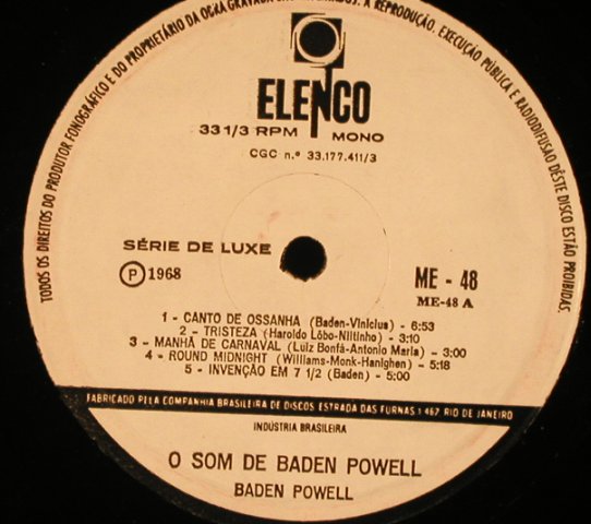 Powell,Baden: O Som de, VG-/No Cover, Elenco(ME-48), Brasil, 1968 - LP - X5178 - 14,00 Euro