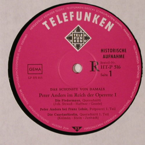 Anders,Peter: Im Reich der Operette 1 ,hist.rec., Telefunken (HAT-P 516), D Typ: LP Best.-Nr.: K107 Preis: 6,00 Euro