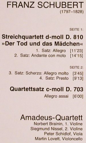 Schubert,Franz: Der Tod und das Mädchen/Quartettsat, D.Gr. Resonance (2535 314), D, 1978 Typ: LP Best.-Nr.: K1086 Preis: 6,00 Euro
