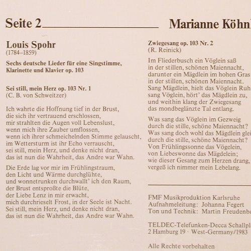 Köhnlein-Göbel,Marianne (Sopran): singt Lieder v. Spohr, Schubert..., FMF/Teldec (66.23 260-01-1), D, 1983 Typ: LP Best.-Nr.: K1113 Preis: 7,50 Euro