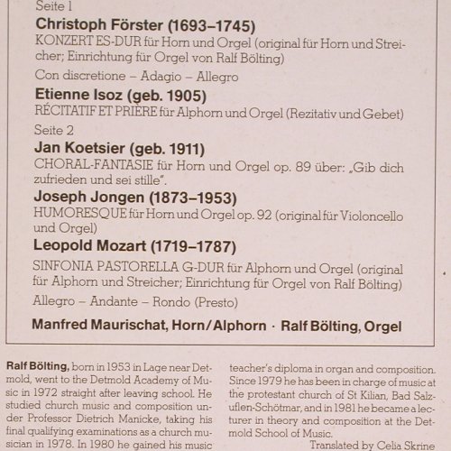 Maurischat,Manfred / Ralf Bölting: Horn / Alphorn, Foc, Aulos (AUL 53568), D, 1983 Typ: LP Best.-Nr.: K1132 Preis: 9,00 Euro