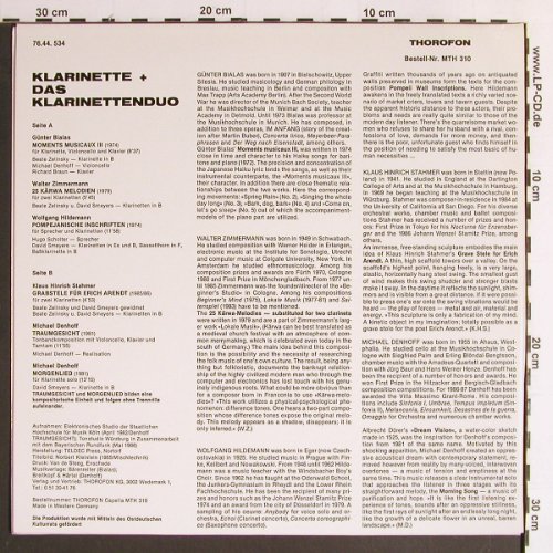 V.A.Klarinette + Das Klarinettenduo: Bialas, Zimmerm., Hildemann,Stahmer, Thorofon Capella (MTH 310), D, 1986 Typ: LP Best.-Nr.: K1163 Preis: 9,00 Euro