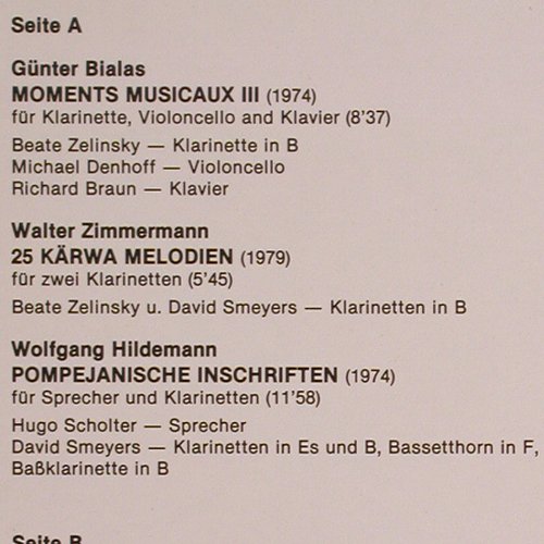 V.A.Klarinette + Das Klarinettenduo: Bialas, Zimmerm., Hildemann,Stahmer, Thorofon Capella (MTH 310), D, 1986 Typ: LP Best.-Nr.: K1163 Preis: 9,00 Euro