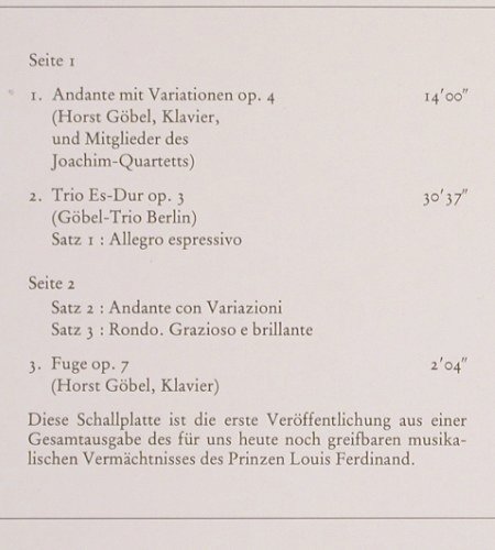 Ferdinand,Louis - Prinz v. Preussen: Klavierquartett op.4/Klav.trio op, Thorofon (MTH 222), D, 1980 Typ: LP Best.-Nr.: K1228 Preis: 8,00 Euro